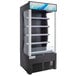 An Avantco black refrigerated air curtain merchandiser with glass shelves and blue doors.