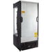 An Avantco black refrigerated air curtain merchandiser with a glass door open.