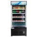 An Avantco black refrigerated air curtain merchandiser full of soda bottles and cans.