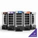 An Avantco refrigerated air curtain merchandiser with black shelves and a white shelf with black and white text.