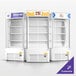 A white refrigerated air curtain merchandiser with customizable signage and multiple shelves for product display.