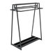 A glossy black metal double-sided clothing rack with hangrails and faceouts.