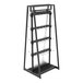 A black metal Econoco A-Frame Outrigger with multiple hooks and frosted panel.
