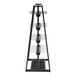 A glossy black metal Econoco A-frame retail rack with adjustable hooks and a frosted panel.