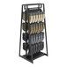 An Econoco double-sided retail clothing rack with adjustable hooks and a frosted panel on one side.