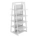 A white metal shelving unit with shelves.