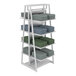 An Econoco glossy white A-frame retail rack with adjustable shelves holding folded blankets, towels, and fabric.