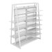 A white metal Econoco shelving unit with shelves on it.