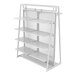 A glossy white Econoco A-Frame Outrigger with shelves on it.