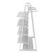 A white Econoco double-sided outrigger shelf with shelves.