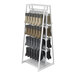 A glossy white Econoco double-sided A-frame retail clothing rack with adjustable hooks and a frosted panel.