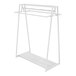 A white metal Econoco A-frame retail clothing rack with hangrails and faceouts.