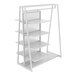 A white metal shelving unit with shelves.