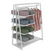 An Econoco glossy white A-frame retail clothing rack with shelves and hangrail full of clothes.