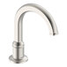 A silver Delta hands-free faucet with a round base.