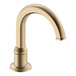 A Delta Champagne Bronze hands-free faucet with a round base and curved handle.