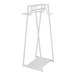 A white metal retail clothing rack with shelves.