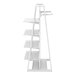 An Econoco glossy white double-sided A-frame outrigger with shelves on it.