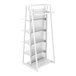 A glossy white Econoco A-Frame Outrigger display rack with shelves on it.