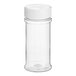 A clear plastic round spice container with a white dual flapper lid with 3 holes.