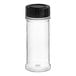 A clear plastic round spice container with a black lid.