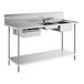 A Regency stainless steel work table with 2 sinks on the right.