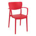 A Siesta Lisa red resin outdoor dining arm chair with arms.