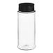 A clear plastic spice container with a black dual flapper lid.