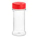 A clear plastic container with a red lid.