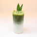 A tall glass of iced matcha latte with a layer of milk at the bottom and green matcha on top, garnished with two green leaves.