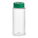 A clear plastic container with a green lid.
