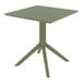 A Siesta Sky olive green square table on a metal base.