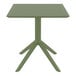 A Siesta Sky olive green square table with a metal base.