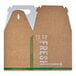 A brown and green cardboard barn take out lunch box with white stripes and a handle with "Fresh" printed on it.