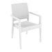 A white wicker-look resin outdoor dining arm chair.