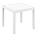 A Siesta Orlando white wicker-look square table with legs.