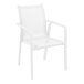 A Siesta Pacific white resin outdoor arm chair with white sling and armrests.