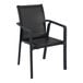 A Siesta Pacific black resin outdoor arm chair with black sling and armrests.