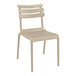 A tan plastic chair with slats on the seat.