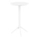 A Siesta Sky white round bar height foldable table with a white metal base.