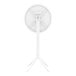 A white round Siesta Sky bar height table on a white stand with a cross.