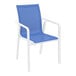 A white outdoor arm chair with blue sling fabric on the seat and back.