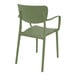 An olive green resin Siesta Lisa outdoor dining arm chair.