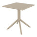 A taupe square table with a metal base.