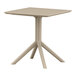 A Siesta Sky taupe square table with a metal base and legs.