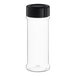 A clear plastic container with a black lid.