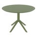 A Siesta Sky olive green round table with a metal base and legs.