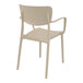 A taupe resin outdoor dining arm chair with a backrest and arms.