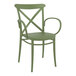 An olive green resin Siesta Cross XL outdoor dining arm chair with curved armrests.