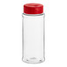 A clear plastic round spice container with a red dual flapper lid.